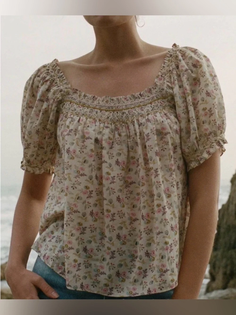 Doen Cream Floral Smocked Square-Neck Blouse